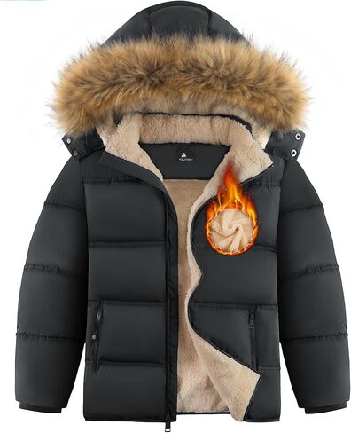 Boys Girls Winter Coat Warm Puffer Jacket Waterproof Thicken Sherpa Lined Fleece Outerwear with Detachable Fur Hood in Saudi Arabia