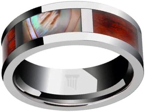 Tropical Abalone and Koa Wood Ring Mens Wedding Band Silver Tungsten Rings for Men Unique Wooden Ring with Exotic Abalone Shell Inlay Nature Ring in Kuwait