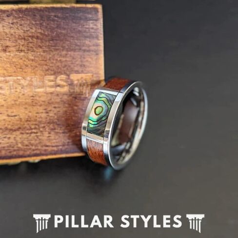 Tropical Abalone and Koa Wood Ring Mens Wedding Band Silver Tungsten Rings for Men Unique Wooden Ring with Exotic Abalone Shell Inlay Nature Ring in Kuwait