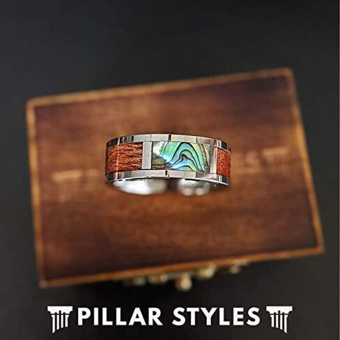 Tropical Abalone and Koa Wood Ring Mens Wedding Band Silver Tungsten Rings for Men Unique Wooden Ring with Exotic Abalone Shell Inlay Nature Ring in Kuwait