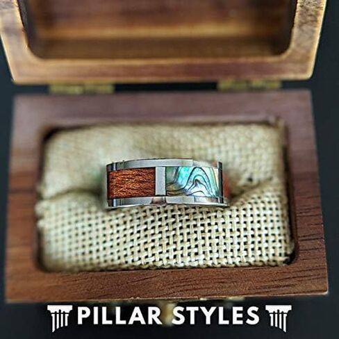 Tropical Abalone and Koa Wood Ring Mens Wedding Band Silver Tungsten Rings for Men Unique Wooden Ring with Exotic Abalone Shell Inlay Nature Ring in Kuwait