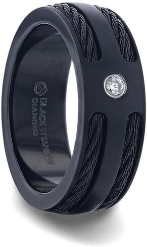 NOIR Double Black Rope Inlaid Brushed Matte Black Titanium Men's Wedding Band With Black Edge Channel Setting And White Diamond In The Center - 8mm in Kuwait