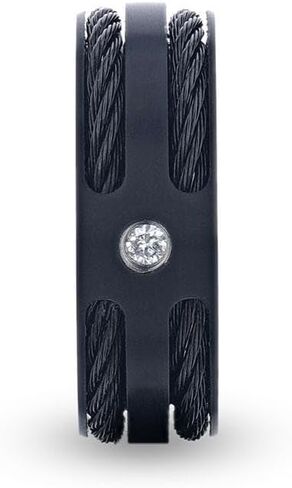 NOIR Double Black Rope Inlaid Brushed Matte Black Titanium Men's Wedding Band With Black Edge Channel Setting And White Diamond In The Center - 8mm in Kuwait