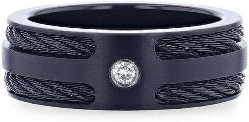 NOIR Double Black Rope Inlaid Brushed Matte Black Titanium Men's Wedding Band With Black Edge Channel Setting And White Diamond In The Center - 8mm in Kuwait