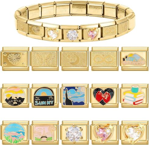 papasgix Italian Charm Bracelet Set with Starter Brascelet, Assorted Charms and Opening Tools, 9mm Modular Italian Charm Bracelet Links Handmade DIY Jewelry Gifts Love Diamond in Saudi Arabia