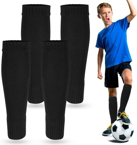 Tyqour 2 Pairs Kids Soccer Socks Pre Cut, Leg Sleeve Socks, Football Shin Guard Sleeves for Age 7-14 Youth Boys Children Football Basketball Training Black in Kuwait