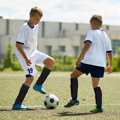 Tyqour 2 Pairs Kids Soccer Socks Pre Cut, Leg Sleeve Socks, Football Shin Guard Sleeves for Age 7-14 Youth Boys Children Football Basketball Training Black in Kuwait