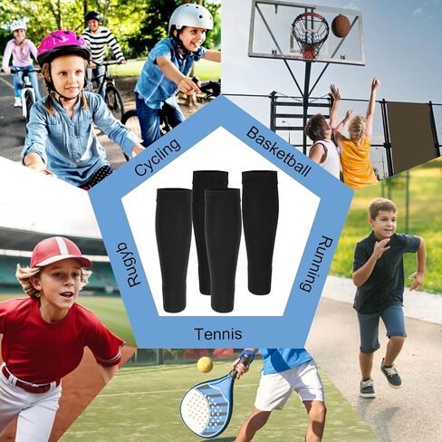 Tyqour 2 Pairs Kids Soccer Socks Pre Cut, Leg Sleeve Socks, Football Shin Guard Sleeves for Age 7-14 Youth Boys Children Football Basketball Training Black in Kuwait