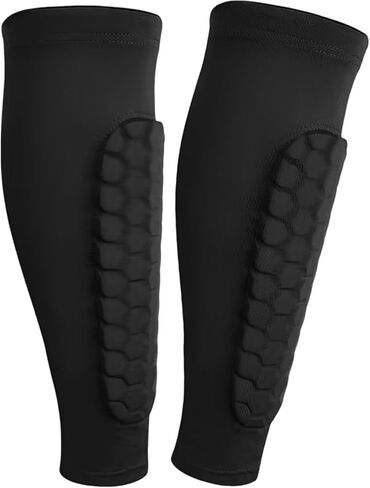 2 Pcs Black Padded Shin Sleeves for Football, Basketball, and Skateboarding, Honeycomb Anti-Collision Leg Sleeve with Breathable Fabric, L Size in Kuwait