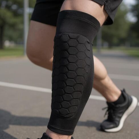 2 Pcs Black Padded Shin Sleeves for Football, Basketball, and Skateboarding, Honeycomb Anti-Collision Leg Sleeve with Breathable Fabric, L Size in Kuwait