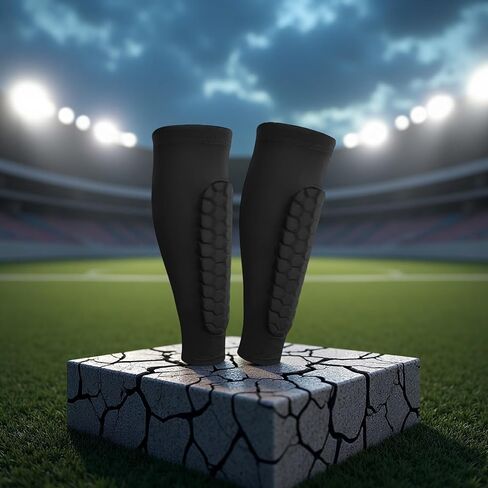2 Pcs Black Padded Shin Sleeves for Football, Basketball, and Skateboarding, Honeycomb Anti-Collision Leg Sleeve with Breathable Fabric, L Size in Kuwait