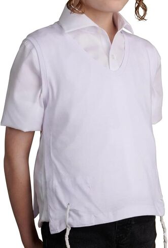 Kids Chabad Style Undershirt Tzitzis V Neck with Meyuchad Strings, 1 Hole Tzitzit Undergarment in Jersey Knit Fabric, White in Saudi Arabia
