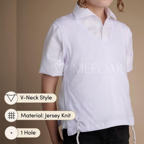 Kids Chabad Style Undershirt Tzitzis V Neck with Meyuchad Strings, 1 Hole Tzitzit Undergarment in Jersey Knit Fabric, White in Saudi Arabia