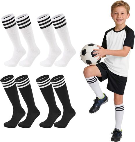 American Trends 4 Pairs Kids Soccer Baseball Socks Youth Boys Girls Long Striped Socks with Soccer Gifts in Kuwait