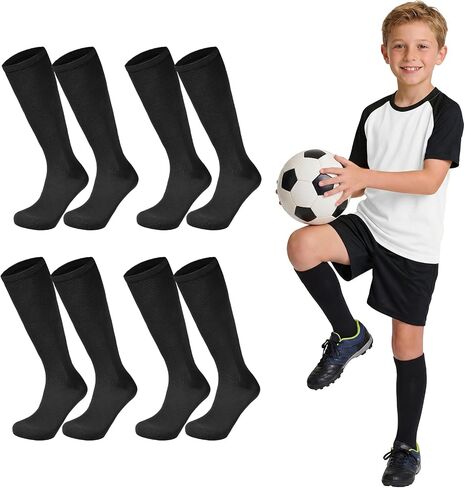 American Trends 4 Pairs Kids Soccer Baseball Socks Youth Boys Girls Long Striped Socks with Soccer Gifts in Kuwait