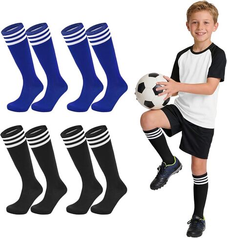 American Trends 4 Pairs Kids Soccer Baseball Socks Youth Boys Girls Long Striped Socks with Soccer Gifts in Kuwait
