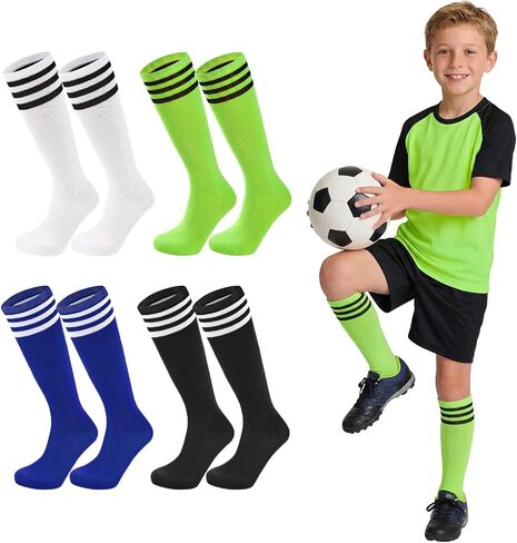 American Trends 4 Pairs Kids Soccer Baseball Socks Youth Boys Girls Long Striped Socks with Soccer Gifts in Kuwait