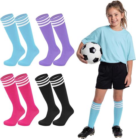 American Trends 4 Pairs Kids Soccer Baseball Socks Youth Boys Girls Long Striped Socks with Soccer Gifts in Kuwait