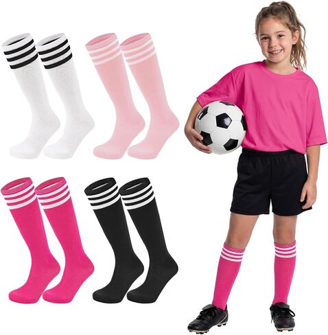 American Trends 4 Pairs Kids Soccer Baseball Socks Youth Boys Girls Long Striped Socks with Soccer Gifts in Kuwait