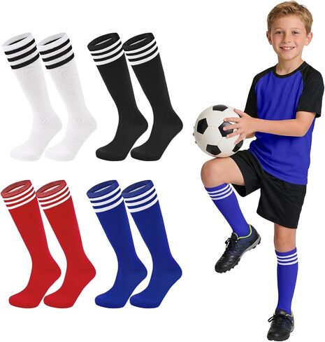 American Trends 4 Pairs Kids Soccer Baseball Socks Youth Boys Girls Long Striped Socks with Soccer Gifts in Kuwait