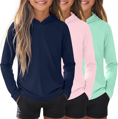 3 Pack Girl's Long Sleeve Sun Shirts UPF50+ Sun Hoodies UV Protection Quick Dry Rash Guard Lightweight Swim Shirt in Kuwait