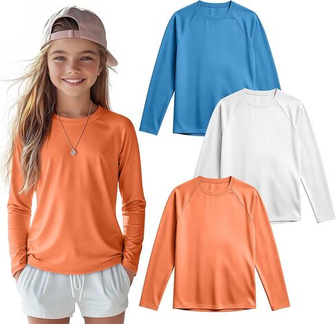 Halfchet 3 Pack Girls' Long Sleeve Shirts Kids Athletic Soccer Hiking Swim Tops Quick Drying Lightweight Summer Tees 5-14Y in Kuwait