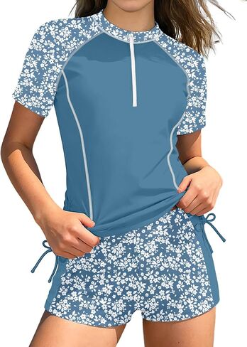 BAVADER Girls Rash Guard Swimsuit 2 Piece Short Sleeve Half Zip Bathing Suit Drawstrings UPF 50+ Swimwear Set with Boy Shorts in Saudi Arabia