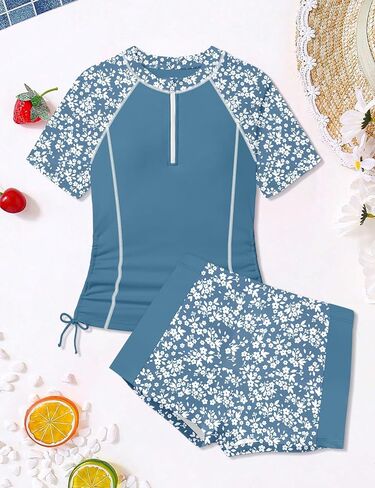 BAVADER Girls Rash Guard Swimsuit 2 Piece Short Sleeve Half Zip Bathing Suit Drawstrings UPF 50+ Swimwear Set with Boy Shorts in Saudi Arabia