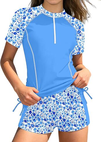 BAVADER Girls Rash Guard Swimsuit 2 Piece Short Sleeve Half Zip Bathing Suit Drawstrings UPF 50+ Swimwear Set with Boy Shorts in Saudi Arabia