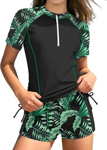 BAVADER Girls Rash Guard Swimsuit 2 Piece Short Sleeve Half Zip Bathing Suit Drawstrings UPF 50+ Swimwear Set with Boy Shorts in Saudi Arabia