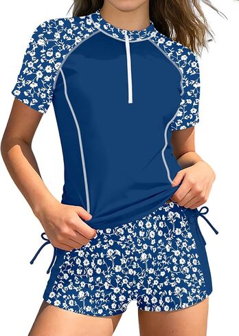 BAVADER Girls Rash Guard Swimsuit 2 Piece Short Sleeve Half Zip Bathing Suit Drawstrings UPF 50+ Swimwear Set with Boy Shorts in Saudi Arabia