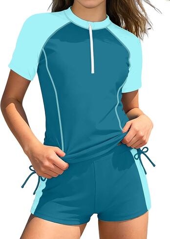 BAVADER Girls Rash Guard Swimsuit 2 Piece Short Sleeve Half Zip Bathing Suit Drawstrings UPF 50+ Swimwear Set with Boy Shorts in Saudi Arabia