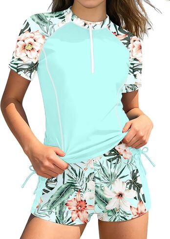 BAVADER Girls Rash Guard Swimsuit 2 Piece Short Sleeve Half Zip Bathing Suit Drawstrings UPF 50+ Swimwear Set with Boy Shorts in Saudi Arabia