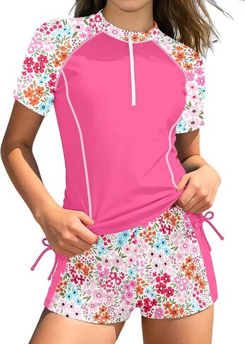 BAVADER Girls Rash Guard Swimsuit 2 Piece Short Sleeve Half Zip Bathing Suit Drawstrings UPF 50+ Swimwear Set with Boy Shorts in Saudi Arabia