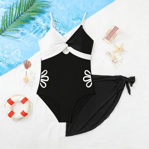 Girls Bathing Suits 2 Piece Swimsuit Summer Swim Suits with Cover Up Skirt for 11-12 Years Black White Color Block in Saudi Arabia