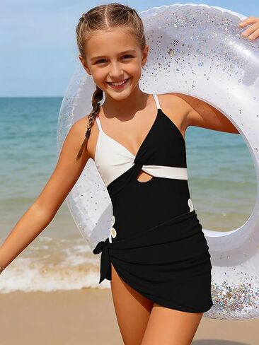 Girls Bathing Suits 2 Piece Swimsuit Summer Swim Suits with Cover Up Skirt for 11-12 Years Black White Color Block in Saudi Arabia