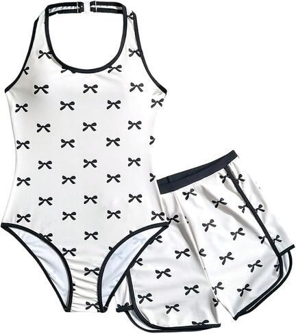 Verdusa Girl's 2 Piece Coquette Bow Print Contrast Trim One Piece Halter Swimsuit with Cover Up Shorts Set in Kuwait