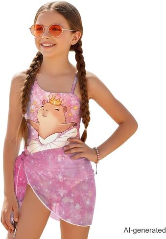 Girls Swimsuit One-Piece Bathing Suit with Mesh Cover Ups Adjustable Straps Cute Swimwear Summer Size 7-18 in Saudi Arabia