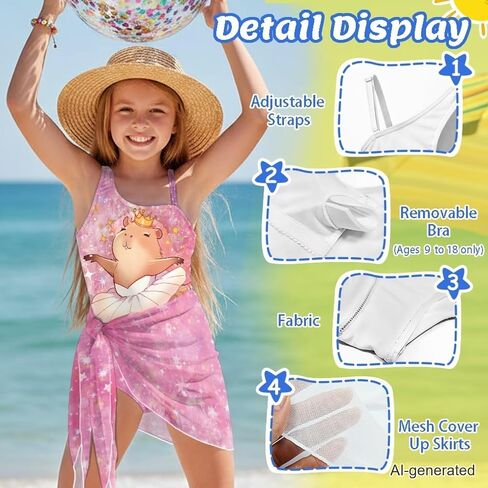 Girls Swimsuit One-Piece Bathing Suit with Mesh Cover Ups Adjustable Straps Cute Swimwear Summer Size 7-18 in Saudi Arabia