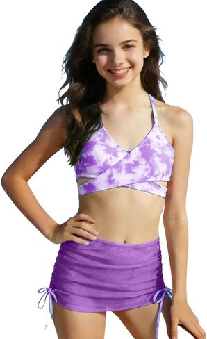 Girls 3 Piece Swimsuit with Skirt Criss Cross Tie Dye Bikini Top Briefs and Swim Skirt Summer Beach Bathing Suit in Saudi Arabia