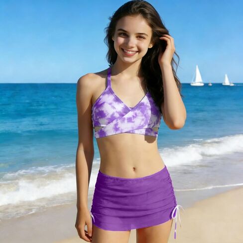 Girls 3 Piece Swimsuit with Skirt Criss Cross Tie Dye Bikini Top Briefs and Swim Skirt Summer Beach Bathing Suit in Saudi Arabia