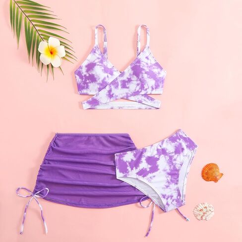 Girls 3 Piece Swimsuit with Skirt Criss Cross Tie Dye Bikini Top Briefs and Swim Skirt Summer Beach Bathing Suit in Saudi Arabia