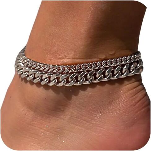 Tewiky Chunky Ankle Bracelets for Women,Dainty Layered Waterproof Anklet for Women Adjustable Cuban Set Stackable Cute Summer Beach Jewelry Gift in Kuwait