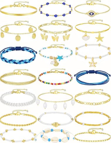 21PCS Gold Ankle Bracelets for Women, Boho Shell Bead Cuban Link Chain Waterproof Gold Anklets Set, Adjustable Layered Anklets for Women Beach Jewelry Gift in Kuwait