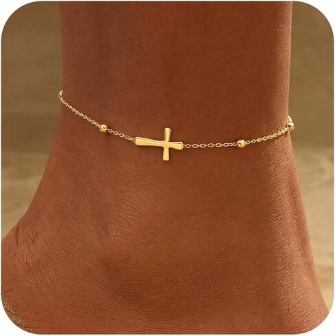 Gold Ankle Bracelets for women,14k Gold/Silver Plated Waterproof Layered lightweight Bow Beaded Twisted Chain Cross Butterfly Satellite Ankle Bracelets Set Gold Anklets for women Trendy Summer Beach Jewelry Gift for Women in Kuwait