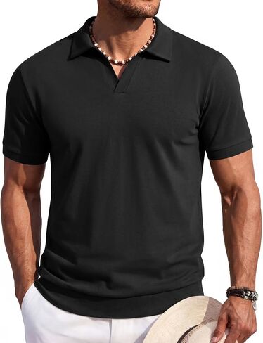 COOFANDY Men's Polo Sweater Casual V Neck Summer Short Sleeve Beach Vacation Tops Cotton Collared Dress Work Golf Sweater in Saudi Arabia