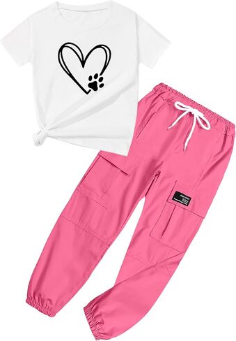 Girls' 2 Piece Outfits Drawstring Jogger Pants and Graphic Short Sleeve T-shirt Set, 6-14 Years in Kuwait