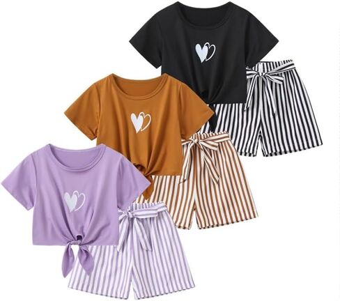 Girls Clothes 6 Piece Summer Outfits Twist Front Short Sleeve Tops and Shorts for Girls Playwear 3-14 Years in Saudi Arabia