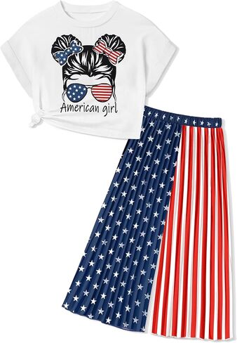 Girls Clothes 4th of July Outfits Patriotic T Shirts + American Flag Pleated Pants 2 Piece Set Spring Summer Outfit in Saudi Arabia