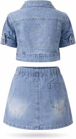 Girls Denim Outfit Set – 2 Piece Rhinestone Jean Jacket and Skirt, Sparkly denim dress for Kids in Saudi Arabia